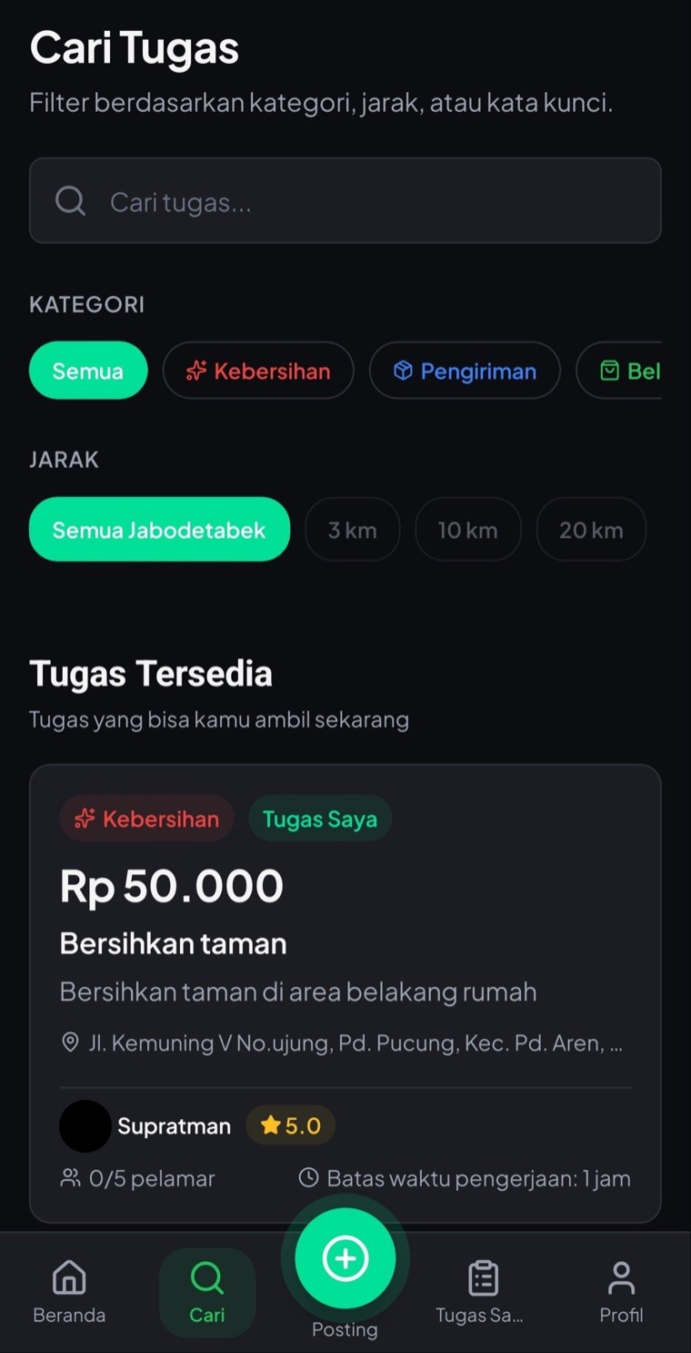 Tangkapan layar asli aplikasi Papan Kerja — halaman Cari Tugas